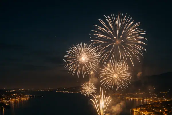 Fuochi d'artificio nel cielo sopra l'acqua.