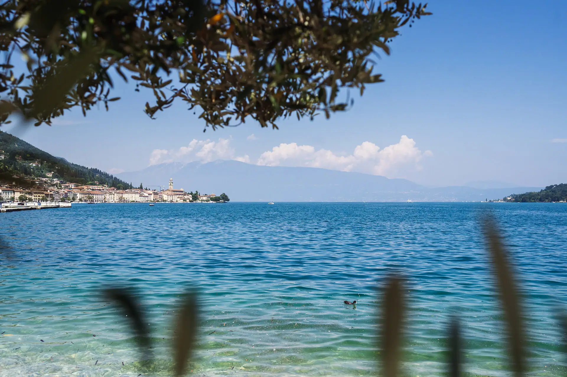 Vista sul Lago di Garda con acqua turchese e spiaggia vicino a Salò.