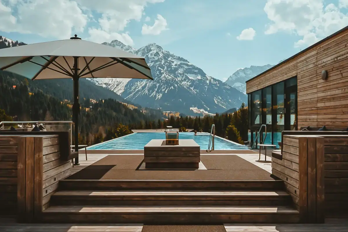 Swimmingpool mit Holzdeck und großem Sonnenschirm im Freien