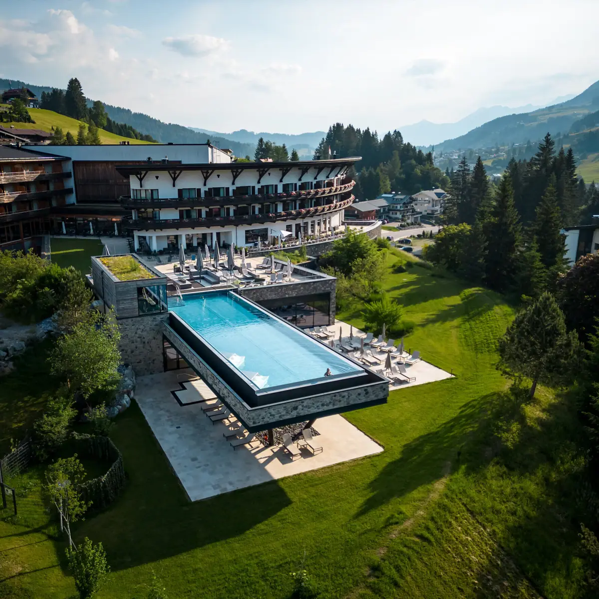 L'hotel A-ROSA Ifen nel Kleinwalsertal, con una piscina all'aperto e, sullo sfondo, alberi e cielo.