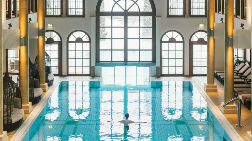 Persona che nuota in una piscina coperta.