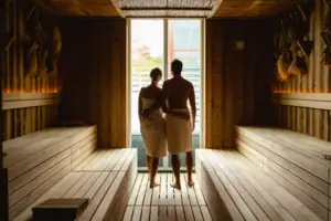 Un uomo e una donna sono in piedi in una sauna.