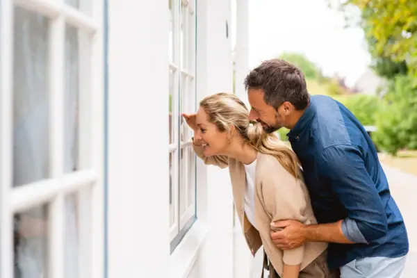 Un uomo e una donna guardano fuori da una finestra.
