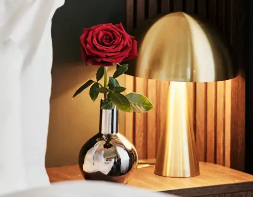 Una rosa in un vaso accanto a una lampada.
