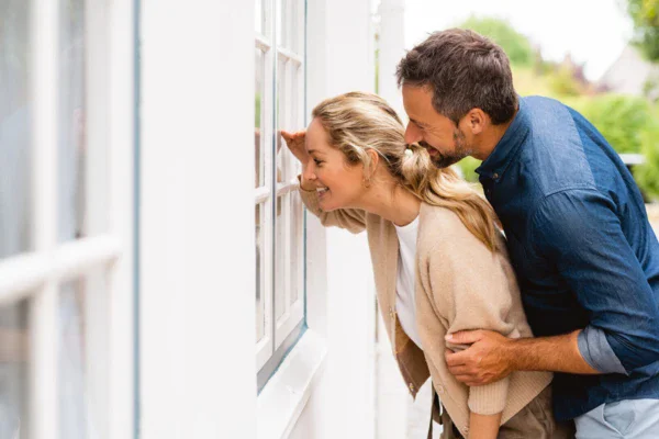 Un uomo e una donna guardano fuori da una finestra, con un gesto che suggerisce un bacio romantico.