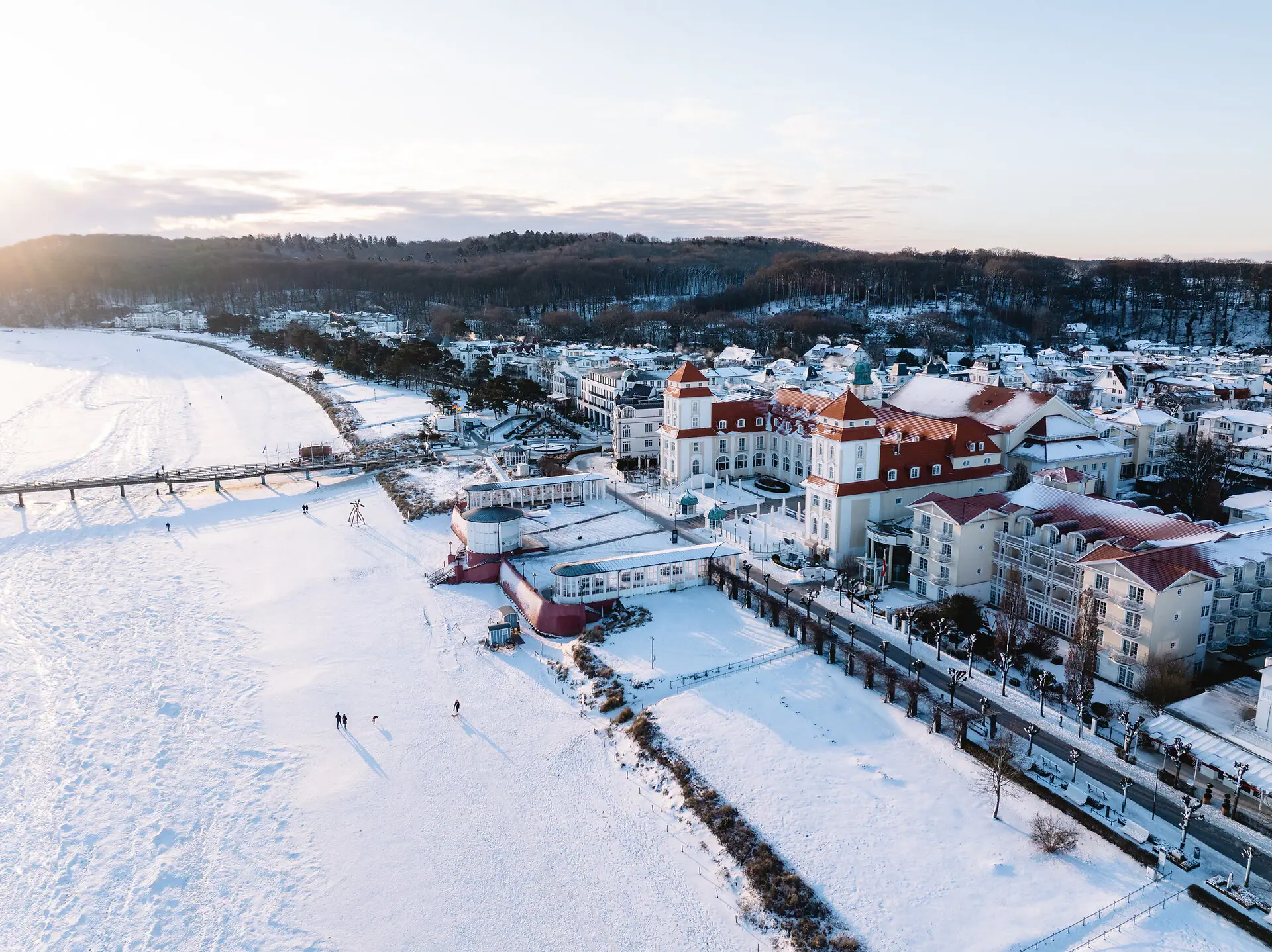 Città innevata con edifici e un ponte.