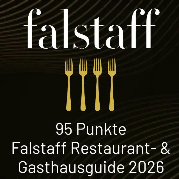 Restaurantführerkarte mit schwarzem Hintergrund und weißem Text: falstaff 95 Punkte Restaurant Guide