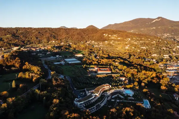 Vista aerea di un paesaggio con alberi ed edifici, montagne e cielo sullo sfondo.