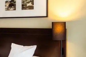 Un letto con una lampada e un quadro alla parete.