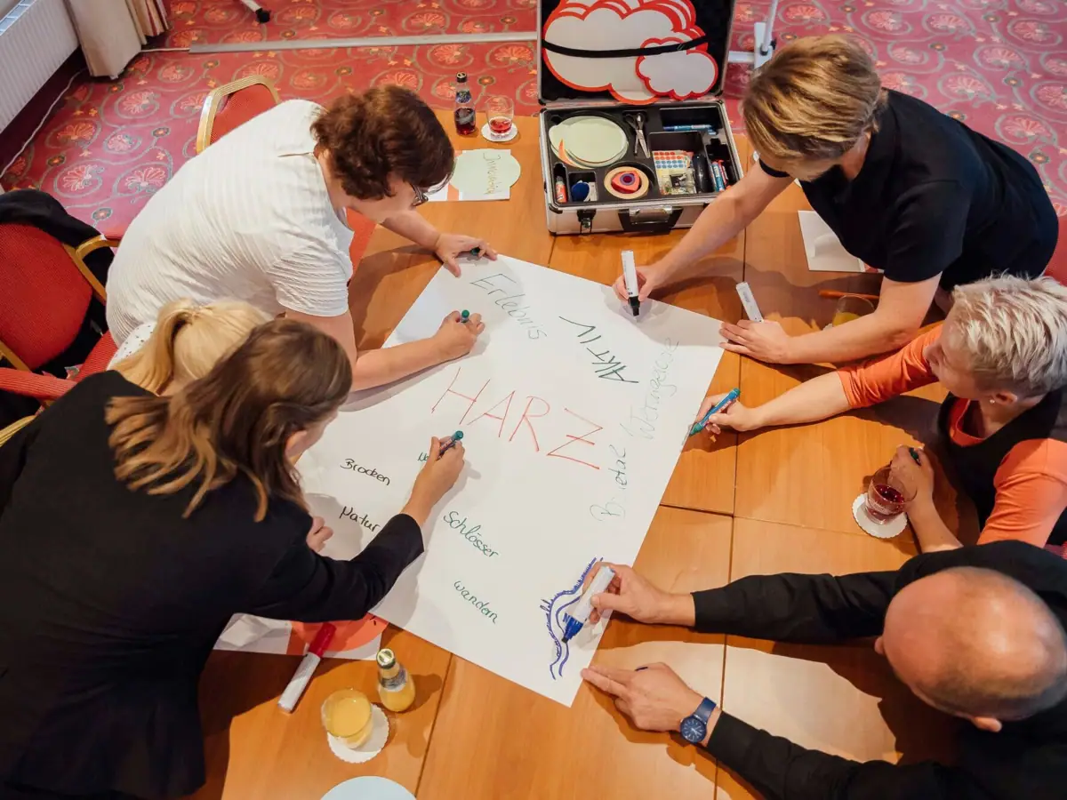 Workshop Eine Gruppe von Menschen sitzt um einen Tisch und schreibt auf ein großes Papier.