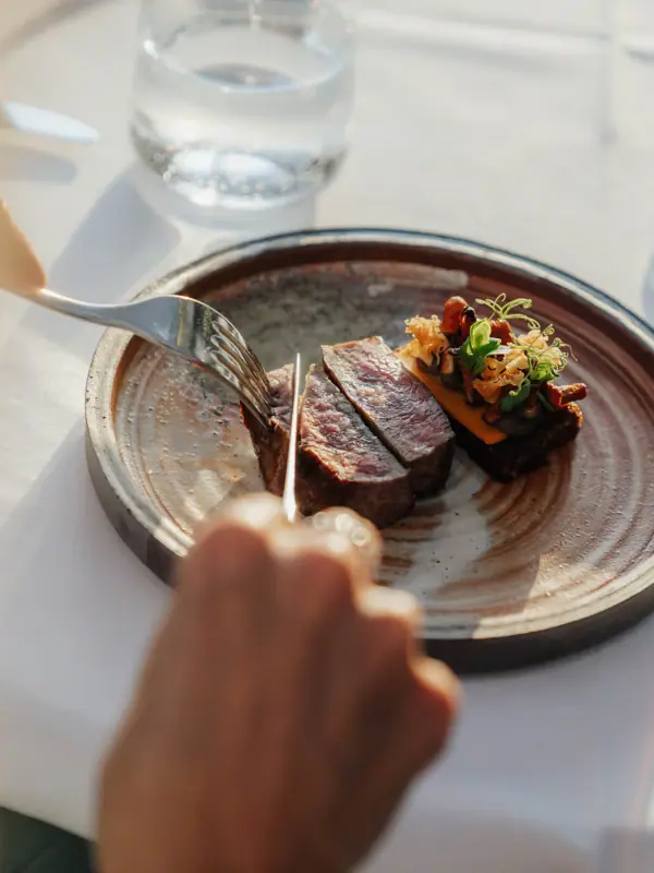 Una persona taglia la carne su un piatto.