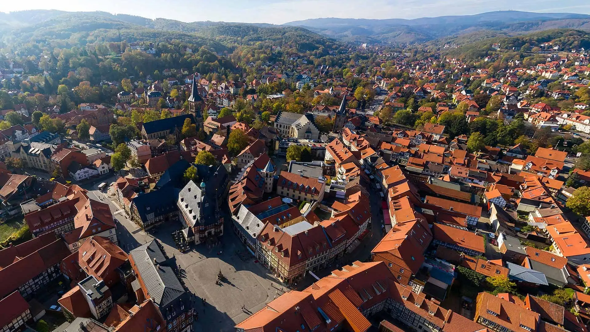 Luftaufnahme einer Stadt mit Häusern, Bäumen und Himmel im Hintergrund.