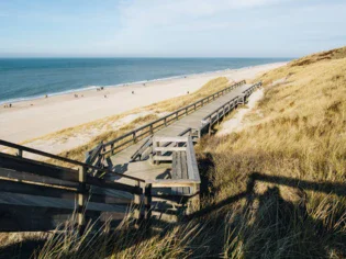 Percorso in legno che conduce a una spiaggia con erba e cielo nuvoloso.