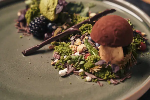 Un piatto con un piatto di funghi e frutti di bosco.