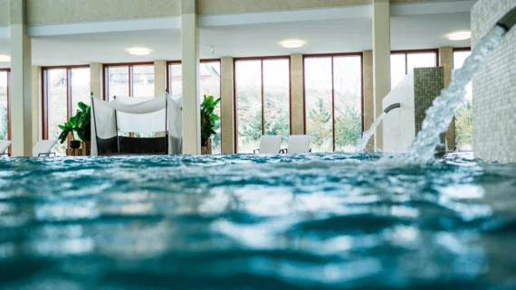 Piscina interna con cascata e piante circostanti.