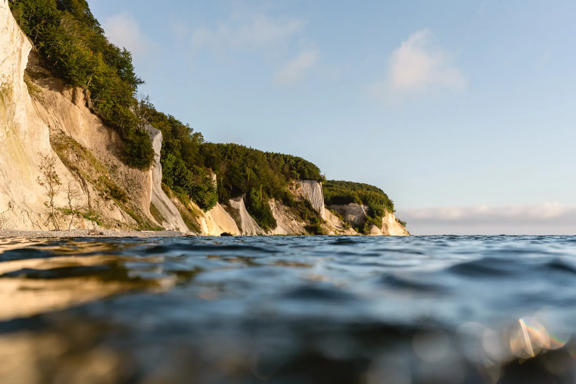 Ein Gewässer mit einer Klippe und Bäumen.