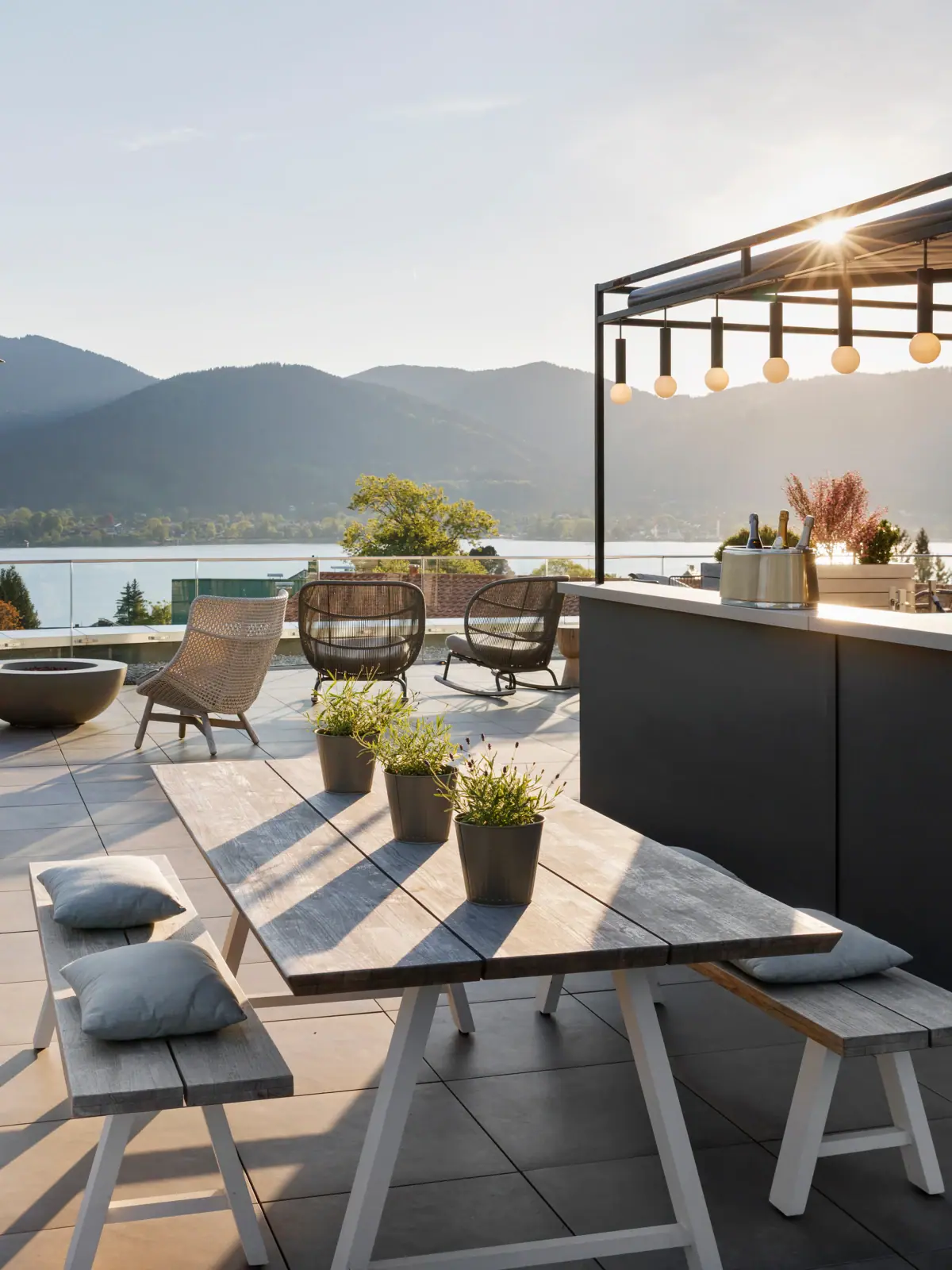 Terrasse mit Tisch, Stühlen und Bar, im Hintergrund ein See.
