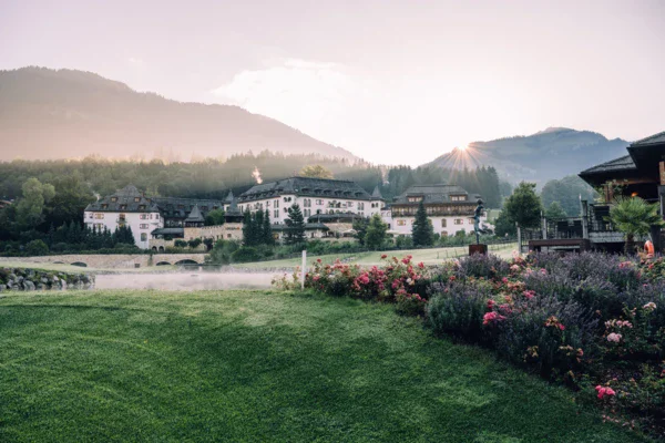 Ampio prato con fiori e edifici sullo sfondo.