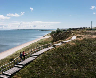 Persone che camminano su una passerella sopra una spiaggia.