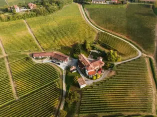 Una cantina circondata da vigneti fotografata a volo d'uccello.