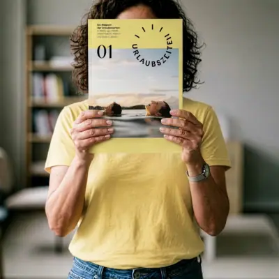 Una donna tiene la rivista "Urlaubszeiten" davanti al viso.