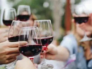 Gruppo di persone con bicchieri da vino in mano.