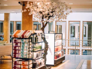 Albero con fiori bianchi all'interno di un negozio, circondato da scaffali con libri.